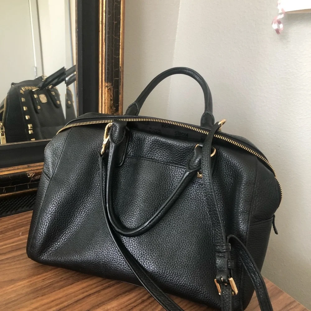 Michael Kors Black Leather Studded Satchel with Gold Hardware - Picture 3 of 6